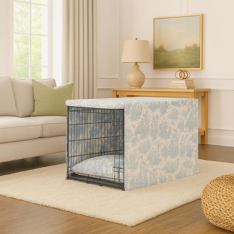 May include: A dog crate with a light blue and white patterned cover and matching bed. The crate is made of black metal and sits on a cream-colored rug. The cover features a repeating floral design.