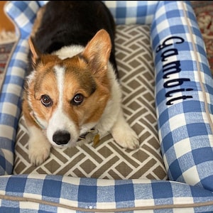 Blue Gingham Pet Bed | Soft Blue Plaid Pet Bedding | Personalized Puppy Bed | Blue Check Bolster Pet Bed | Waterproof Pillow Included
