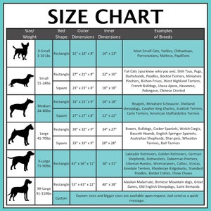 May include: A size chart for dog beds, featuring a black and white silhouette of a dog for each size. The chart includes dimensions in inches, weight in pounds, and examples of dog breeds for each size, from X-Small to XX-Large.