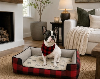 Personalized Red Plaid Bolster Dog Bed | Washable Custom Dog Bed | Orthopedic Pet Bed - Choose your size, fill, and shape.