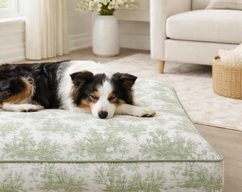 Colchón para cama de perro Sage Toile, cama ortopédica para mascotas French Toile, cama para perro con monograma, cama lavable para mascotas con estampado French Toile y nombre, alfombrilla para jaula