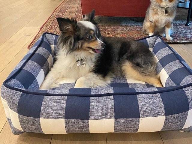 Navy Farmhouse Dog Bed Plaid Dog Bed Linen Dog Bed Navy Pet Bed Modern Farm House Decor Blue Plaid Dog Bed Personalized Dog Bed