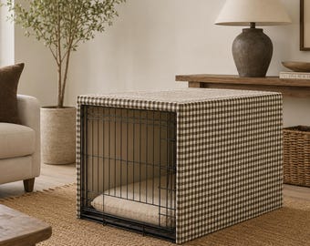 Custom Sized Chocolate Gingham Dog Crate Cover – Washable Upholstery Fabric, Roll-Up Door, Personalized