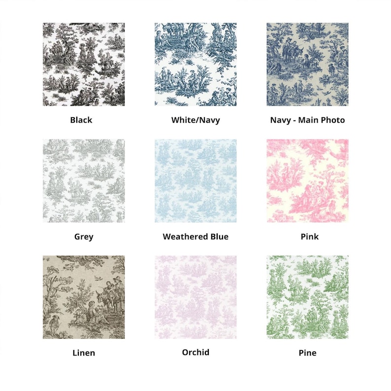 Pu&ograve; includere: Nove campioni di tessuto con un motivo toile in vari colori, tra cui nero, bianco, blu navy, grigio, blu rossiccio, rosa, lino, orchidea e pino.