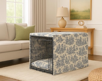 Navy Toile Pet Crate Cover - Sondergröße, waschbarer Premium-Stoff, vorne und seitlich geöffnet, personalisierte Welpenbox nach Maß