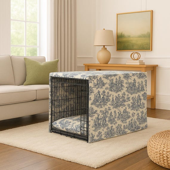 Navy Toile Pet Crate Cover – Custom Size, Washable Premium Fabric, Front & Side Opening, Personalized Puppy Crate Cover Made to Measure