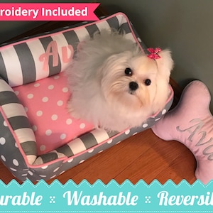 Gray and Pink Pet Bed | Custom Personalized Dog Bed | Washable, Comfortable, Durable Pet Bed | Choose Your Fabric | Polka Dot Dog Bed | Gift