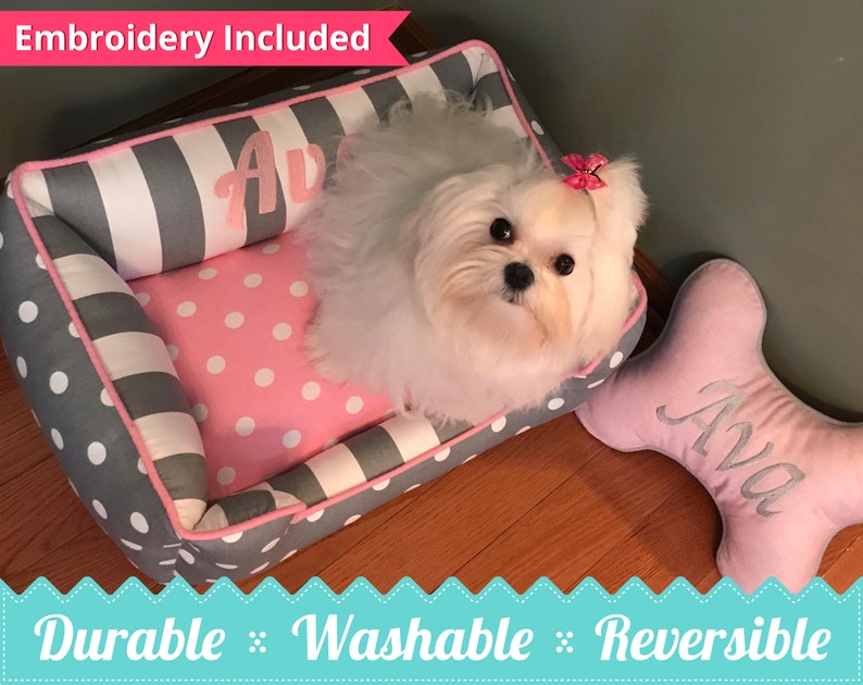 Gray and Pink Pet Bed Custom Personalized Dog Bed Washable, Comfortable, Durable Pet Bed Choose Your Fabric Polka Dot Dog Bed Gift image 1