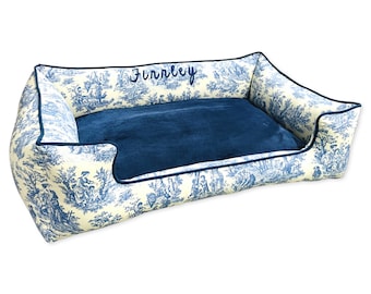 Navy Toile Dog Bed | Blue Minky & Toile Pet Bedding | Toile Patterned Pet Bedding | Personalized Washable Dog Bed | Sustainable Pet Bed