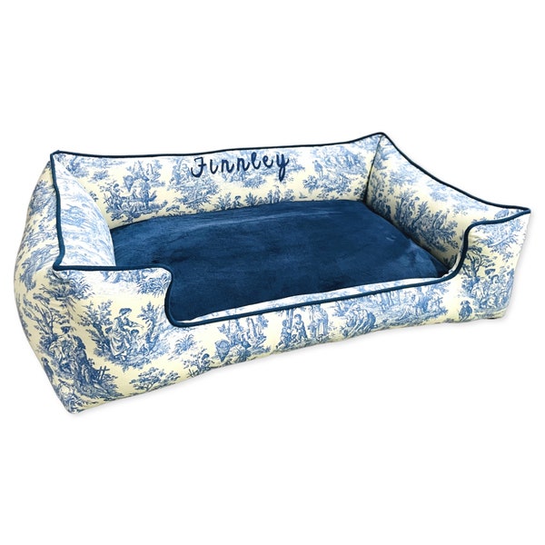 Navy Toile Dog Bed | Blue Minky & Toile Pet Bedding | Toile Patterned Pet Bedding | Personalized Washable Dog Bed | Sustainable Pet Bed