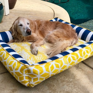 Yellow and Navy Outdoor Dog Bed | Full Bolster Dog Bed | Navy Dog Bed | Bright Colorful Dog Bed | Large Dog Bed | Navy Home decor | Pet Beds
