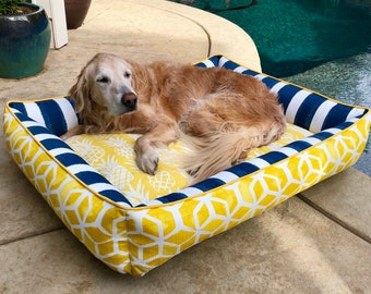 Yellow and Navy Outdoor Dog Bed | Full Bolster Dog Bed | Navy Dog Bed | Bright Colorful Dog Bed | Large Dog Bed | Navy Home decor | Pet Beds