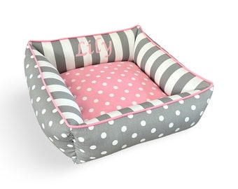 Pink Polka Dot Dog Bed, Custom Personalized Dog Bed, Washable Bed With Removable Washable Cover, Waterproof Inserts, Bolster Bed With Name
