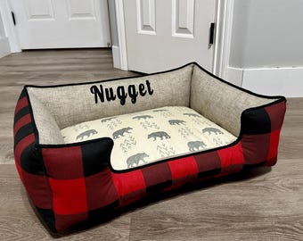 Buffalo Check Dog Bed, Rustic Woodland Pet Bed, Winter Dog Bed