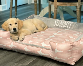 Custom Pink Dog Bed | Sustainable Pet Bed | Large Dog Bed With Removable Washable Cover | Monogrammed Dog Bed | Soft Gray Pet Bedding