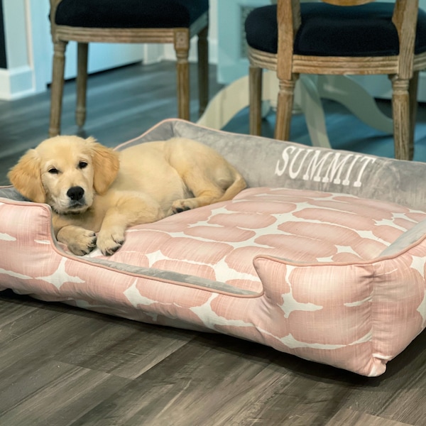 Custom Pink Dog Bed | Sustainable Pet Bed | Large Dog Bed With Removable Washable Cover | Monogrammed Dog Bed | Soft Gray Pet Bedding