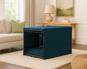 May include: A teal dog crate cover and bed set. The crate is made of black metal and has a teal cushion inside. The cover is a solid teal color and fits over the crate. The crate sits on a cream-colored rug.