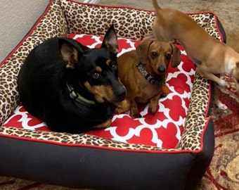 Red Leopard Dog bed, Animal Print Pet Bedding, Personalized Cheetah Print Dog bed, Washable Dog Bed - washable removable cover and inserts