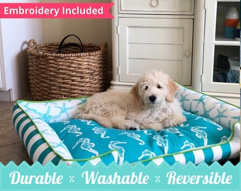 Personalized Beach Themed Pet Bed | Beach House Decor | Washable Dog Bed | Custom Pet Beds | Seahorse Dog Bed | Teal Nautical Pet Bed | Dogs