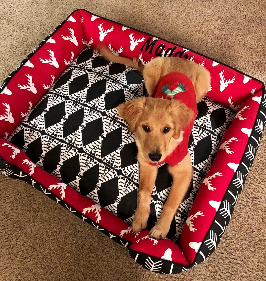 Tribal Dog Bed Modern Dog Bed Red and Black Pet Bed Native American Dog