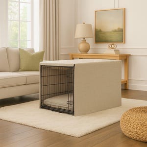 Peut inclure: Une cage pour chien avec une housse en tissu beige et un lit assorti à l'intérieur. La cage est en métal noir et repose sur un tapis crème. La pièce a une palette de couleurs neutres avec un canapé et une table d'appoint.