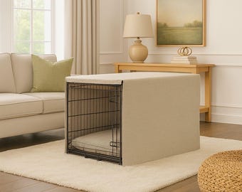 Housse de caisse personnalisée écrue pour animal de compagnie - Taille personnalisée, tissu lavable de qualité supérieure, ouvertures frontale et latérale, housse de caisse pour chiot sur mesure