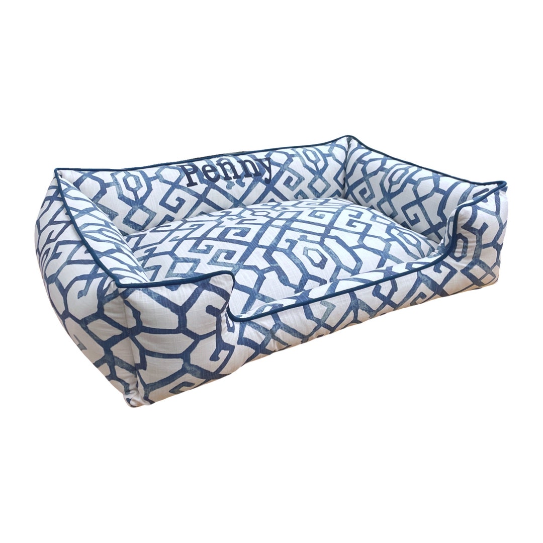 Modern Navy Dog Bed, Machine Washable Large Dog Bed, Embroidered