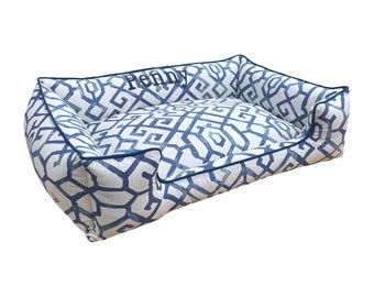 Modern Navy Dog Bed, Machine Washable Large Dog Bed, Embroidered Bolster Style Pet Bed, Dog Bed With Waterproof Inserts, Durable Dog Bedding