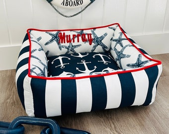 Boat House Nautical Dog Bed, Anchor Themed Pet Bed, Outdoor Beach House Dog Bed, Washable Removable Cover, Personalized Boat Themed Dog Bed