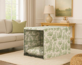 Grüner Toile Pet Crate Cover - Sondergröße, waschbarer Premium-Stoff, vorne und seitlich zu öffnen, personalisierte Welpenbox nach Maß