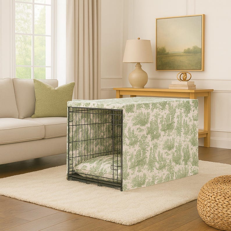 May include: A black wire dog crate with a green and white toile fabric cover and matching bed. The crate is placed on a cream-colored rug in a living room setting. The fabric features a scenic design.