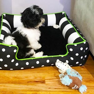 Neon Green Dog Bed, Polka Dot Dog Bed, Soft Dog Bed, Green Pet Bedding, Square Dog Bed, Bolster Bed, Eco-Friendly Pet Bed, Removable Cover