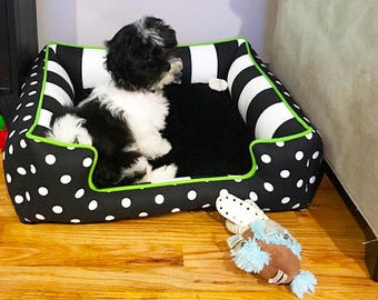 Neon Green Dog Bed, Polka Dot Dog Bed, Soft Dog Bed, Green Pet Bedding, Square Dog Bed, Bolster Bed, Eco-Friendly Pet Bed, Removable Cover