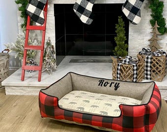 Custom Holiday Dog Bed, Red Plaid Dog Bed with name, Personalized Pet Bed, Holiday Gifts For Dogs, Large Dog Bedding, Washable Dog Bed