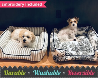 Farmhouse Dog Bed | Toile Dog Bed | Linen Dog Bed | Feedsack Pet Bed |  Custom Dog or Cat Bed - Choose your fabric and personalize for FREE