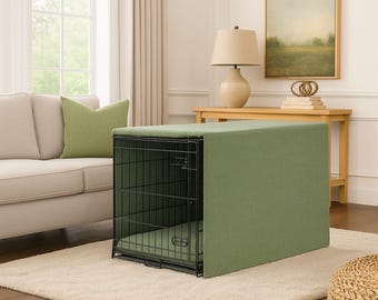 May include: A green fabric dog crate cover and bed set. The crate is black wire, and the cover is a solid green. The crate sits on a cream-colored rug. A green pillow rests on a beige sofa in the background.