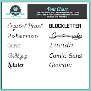 Pu&ograve; includere: Un grafico che mostra diversi stili di font per il ricamo. I font sono: Crystal Heart, Jokerman, Curlz, Giddyup, Lobster, BLOCKLETTER, Gentlemanly, Lucida, Comic Sans e Georgia.