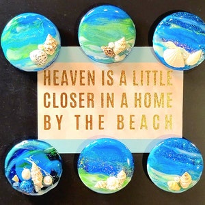 Set of 6 Coastal Magnets, Fluid Resin Art Magnets, Seascape Magnet Art, Seashell Magnet Decor, Designer Beach Magnets, Frig Magnet Decor