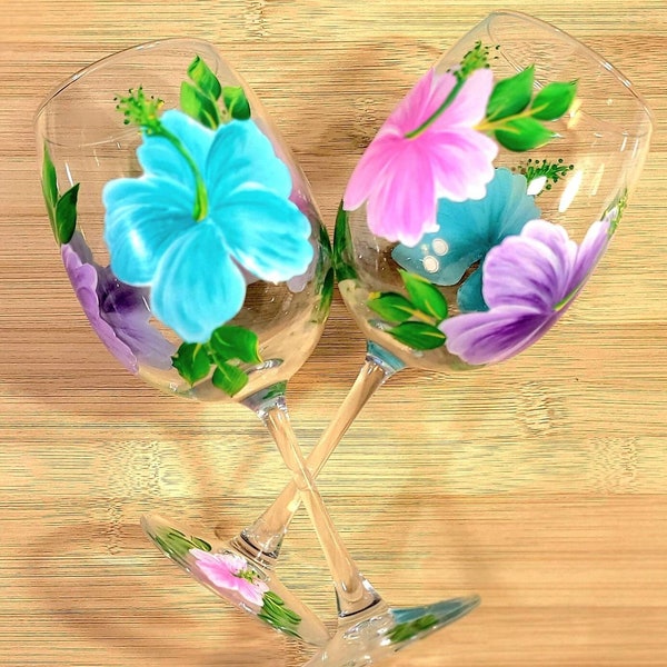 Hand Painted Hibiscus Wine Glass, Custom Hibiscus Color Options, Wedding Wine Glasses, Hibiscus Birthday Gift