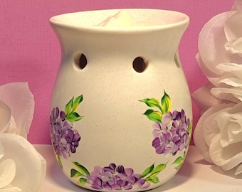Ceramic Tealight Wax Warmer Featuring Hand Painted Purple Hydrangea Flowers, Candle Holder Decor, Tealight Wax Warmer Gift Set
