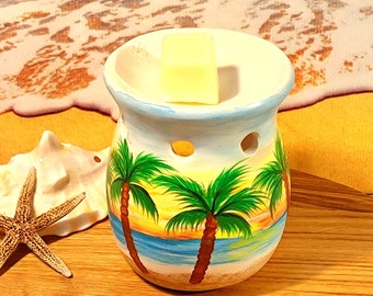 Hand Painted Tealight Wax Warmer, Sunset Painted Palm Trees Beach Design, Wax Warmer Home Decor, Fragrance Oil Warmer, Gift for Beach Lover