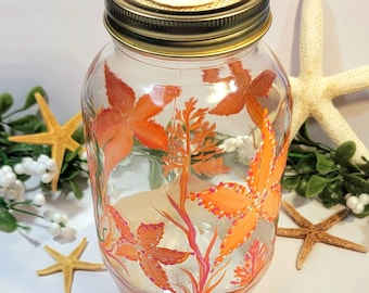 Hand Painted Coastal Canning Jar, Decorative Coral Color Starfish with Sea Grass Storage Container,Florida Sand Dollar