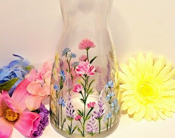 Hand Painted Colorful Wildflower Glass Carafe, Floral Vase, Housewarming Gift, Bedside Water Carafe, New Home Gift, Floral Decor