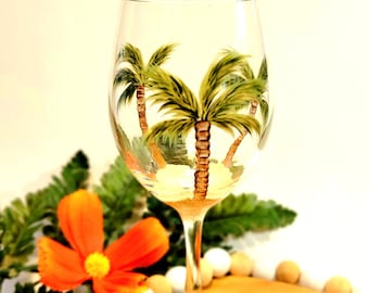 Hand Painted Tropical Palm Tree Wine Glass, FREE Shipping, FREE Optional Personalization, Gifts for Friends and Family, Beach Wedding Glass