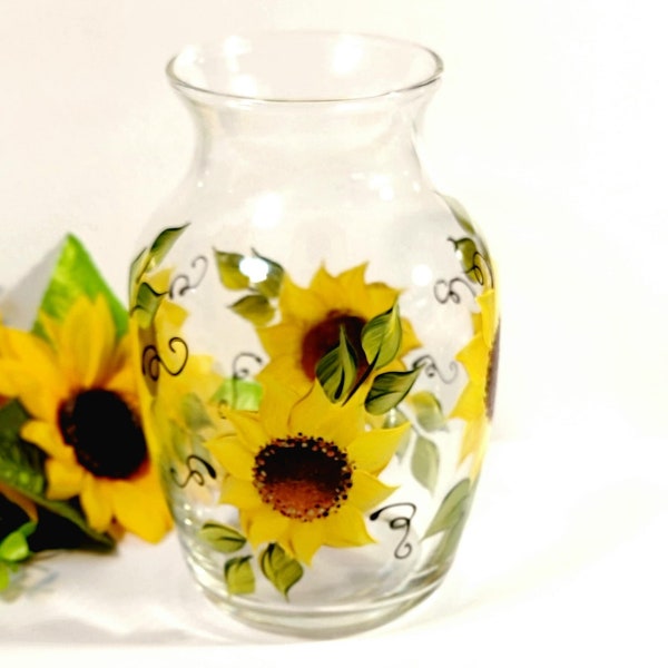 Hand Painted Sunflowers, Sunflowers Glass Vase, Sunflowers Decor, Sunflower Art, Sunflower Vase, Sunflower Gift