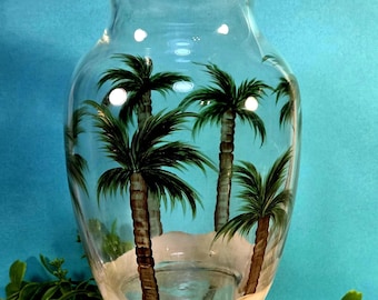 Palm Tree Glass Vase, Hand Painted Vase, Tropical Home Decor, Seashell Holder, One of a Kind Coastal Gift