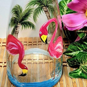 Hand Painted Glass Pink Flamingo Caraf with Palm Trees Design, Tropical Drinkware Set, Beach Glassware Set, Flamingo Lovers Gift