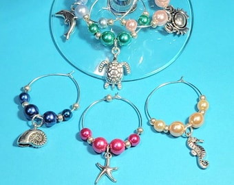 Sealife Wine Glass Charm Set, Beach Lovers Wine Tasting Glass Markers, Hostess Gifts, Bar Accessories, Wedding Gift Party Favors