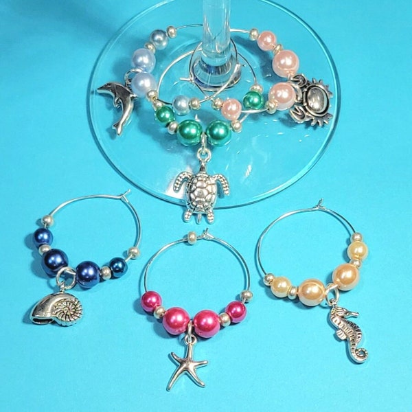 Sealife Wine Glass Charm Set, Beach Lovers Wine Tasting Glass Markers, Hostess Gifts, Bar Accessories, Wedding Gift Party Favors