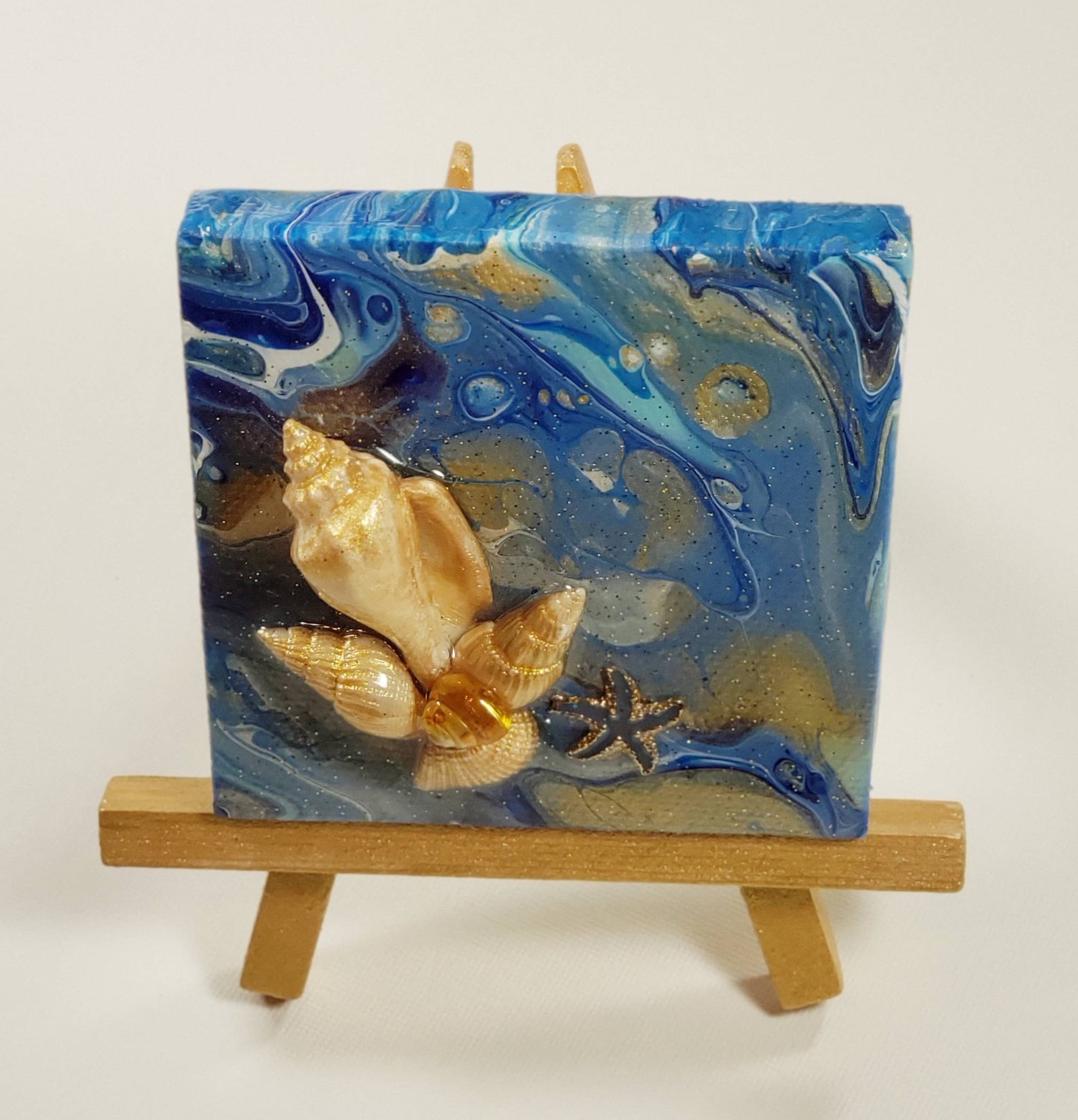 Mixed Media Fluid Art Mini Painting With Hand Painted Shells Etsy